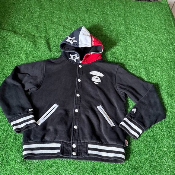 Aape by Bape Stripe and Stars Button Up Varsity Jacket Sweater Hoodie Size L - Picture 1 of 16